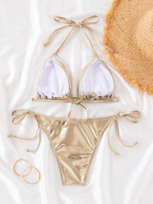 Bikini Metálico Dorado Halter con Lazo Lateral