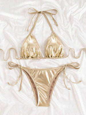 Bikini Metálico Dorado Halter con Lazo Lateral
