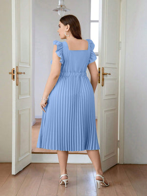 Vestido celeste elegante plisado con volantes trasero