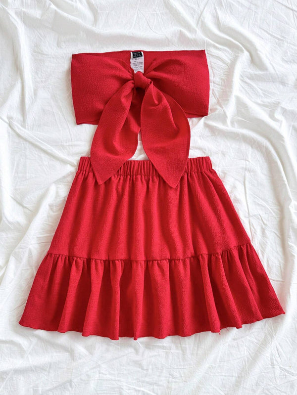 Conjunto Rojo Bandeau Micro Y Falda Mini Bohemia Con Volante detalle volante.
