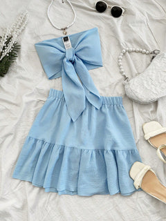 Conjunto Azul Bandeau Micro Y Falda Mini Bohemia Con Volante vista frontal.
