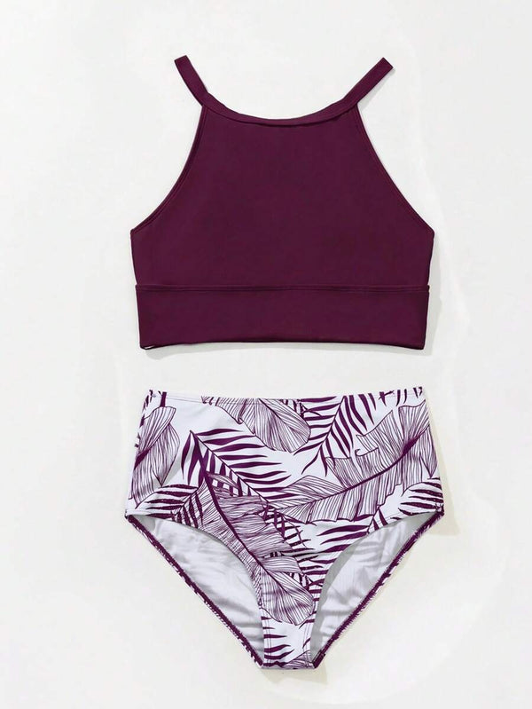 Bikini Tropical De Talle Alto Y Top Morado
