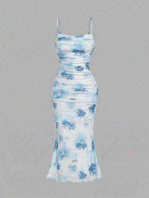 Vestido Midi Floral Celeste Estilo Sirena Fruncido