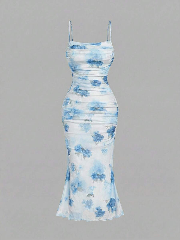 Vestido Midi Floral Celeste Estilo Sirena Fruncido