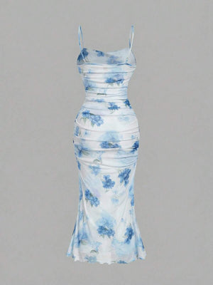 Vestido Midi Floral Celeste Estilo Sirena Fruncido