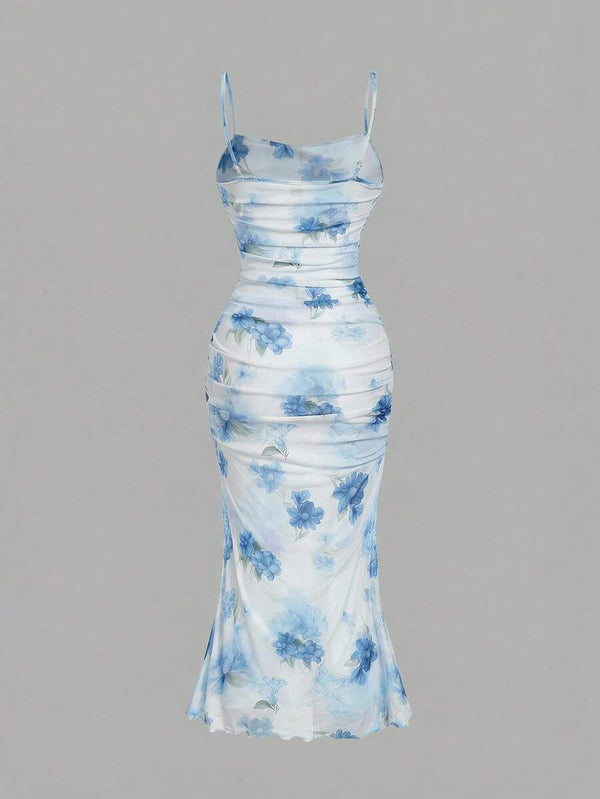 Vestido Midi Floral Celeste Estilo Sirena Fruncido