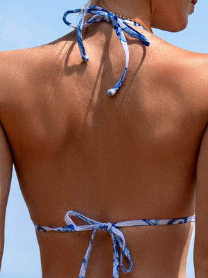 Enterizo De Baño Halter Largo Azul Con Estampado Floral Y Lazos Laterales