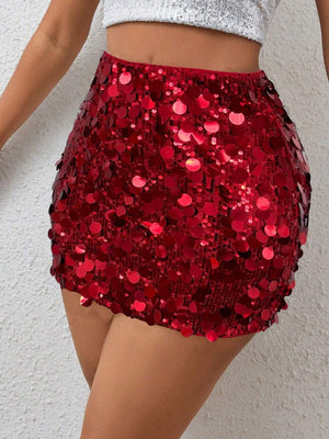 Falda corta roja de lentejuelas vista frontal brillante