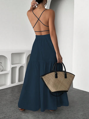 Vestido largo azul marino de tirantes finos vista frontal
