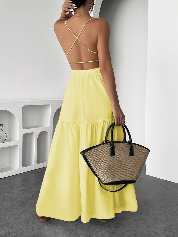 Vestido Largo Amarillo Con Tirantes Finos Y Volantes