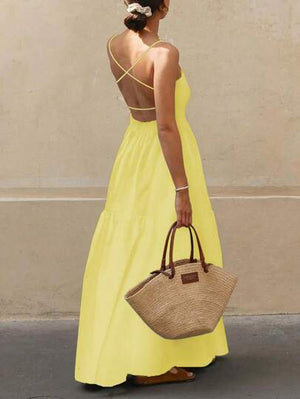 Vestido Largo Amarillo Con Tirantes Finos Y Volantes
