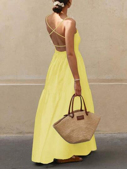 Vestido Largo Amarillo Con Tirantes Finos Y Volantes