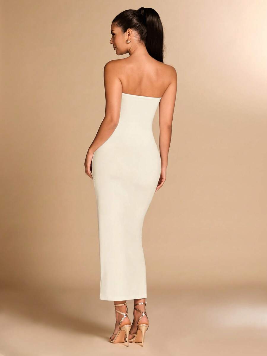 Vestido sexy largo albaricoque con aberturas y diamantes vista frontal