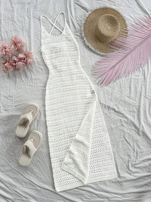 Vestido Largo Tejido De Crochet Con Espalda Cruzada