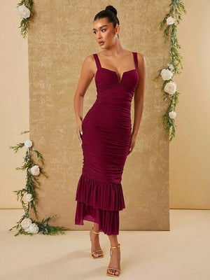 Vestido Midi Fruncido Elegante Con Volantes