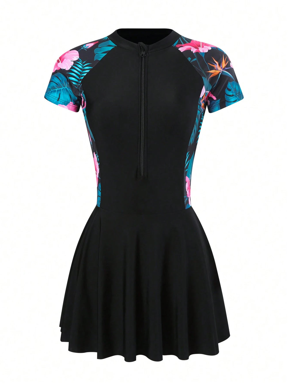 Vestido De Baño Negro Con Falda Y Cremallera Frontal Tropical vista frontal.
