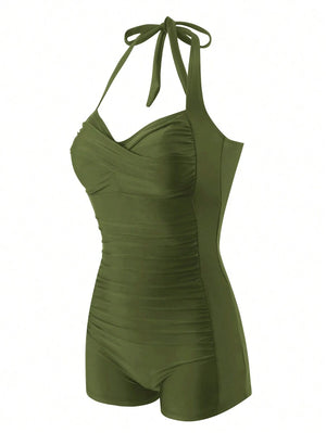 Traje de Baño Entero Verde Olivo Estilo Vintage Fruncido