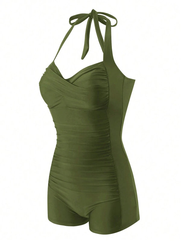 Traje de Baño Entero Verde Olivo Estilo Vintage Fruncido