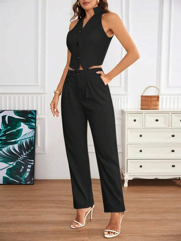 Conjunto elegante negro con pantalón de talle alto