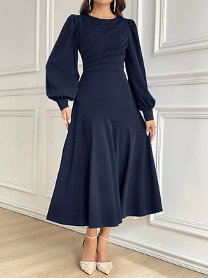 Vestido azul marino elegante manga obispo frontal