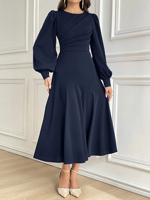 Vestido azul marino elegante manga obispo frontal