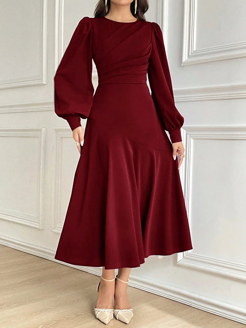 Vestido elegante burdeos A línea con manga obispo para mujer.