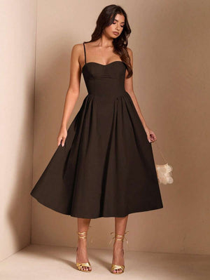 Vestido Midi Elegante Café Con Escote Corazón