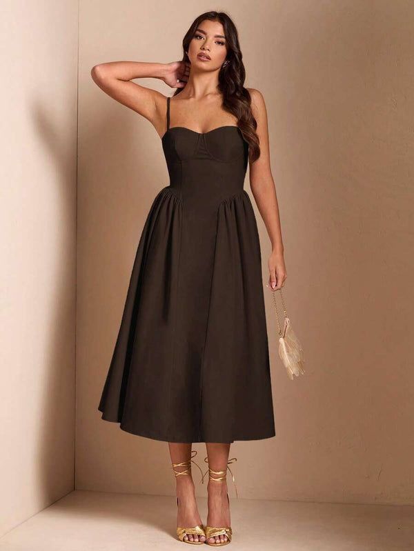 Vestido Midi Elegante Café Con Escote Corazón