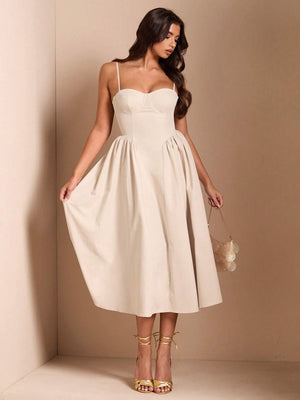 Vestido Elegante Midi Albaricoque Con Tirantes Finos