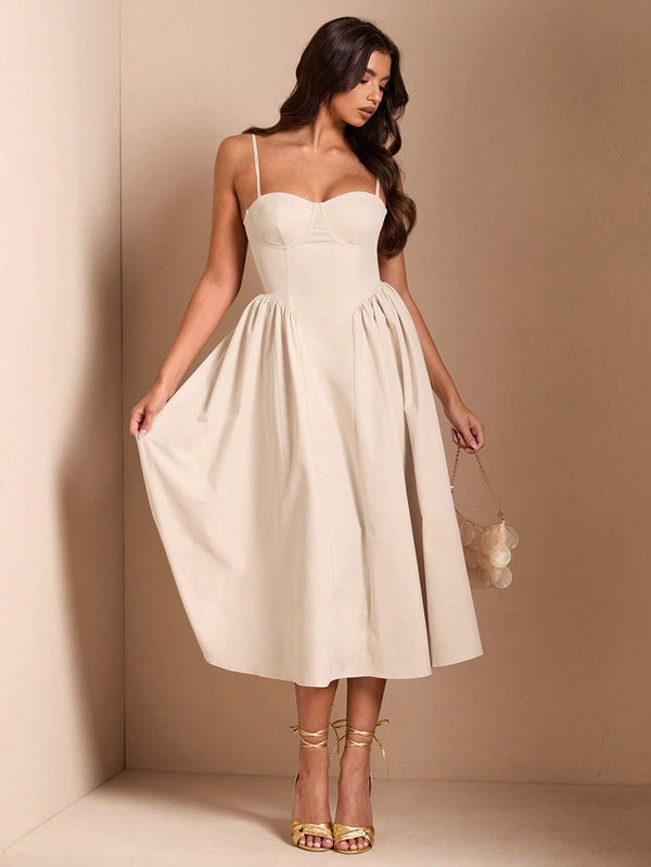 Vestido Elegante Midi Albaricoque Con Tirantes Finos