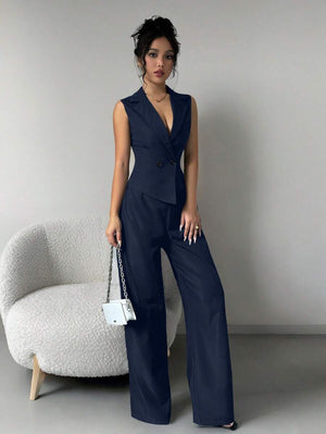 Conjunto Sastre Con Chaleco y Pantalón Ancho Azul Marino