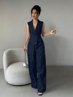 Conjunto Sastre Con Chaleco y Pantalón Ancho Azul Marino