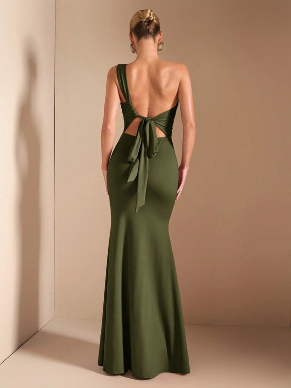 Vestido verde militar maxi corte sirena completo