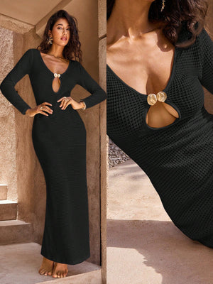 Vestido negro maxi ajustado con escote en V y abertura frontal