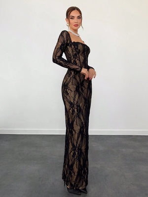 Vestido De Encaje Negro Ajustado De Manga Larga