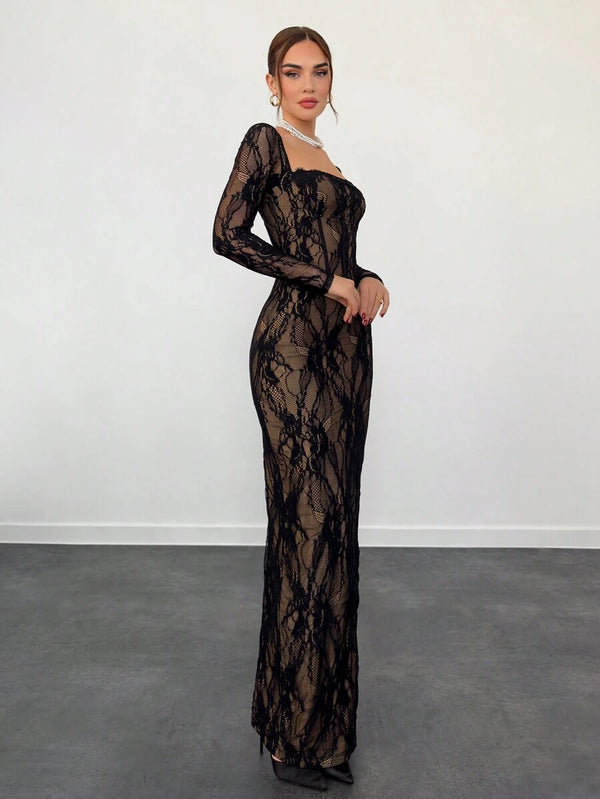 Vestido De Encaje Negro Ajustado De Manga Larga