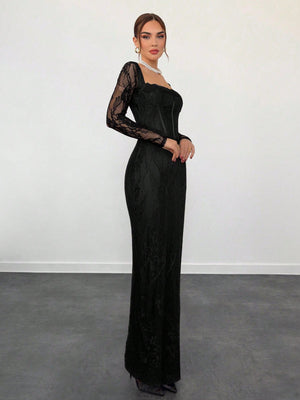 Vestido Maxi Negro De Encaje Ajustado detalle de encaje y mangas
