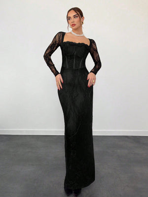 Vestido Maxi Negro De Encaje Ajustado vista frontal elegante
