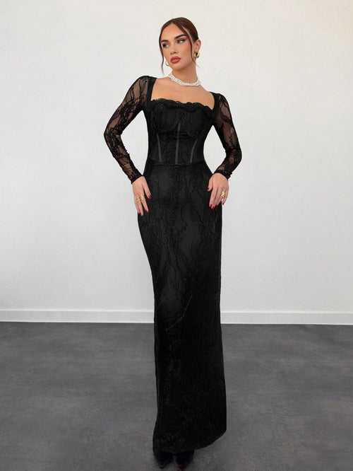 Vestido Maxi Negro De Encaje Ajustado vista frontal elegante
