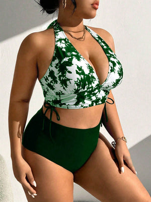 Bikini Verde Oscuro Floral De Talle Alto detalle lateral del diseño.