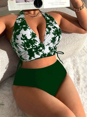 Bikini Verde Oscuro Floral De Talle Alto vista frontal completa.
