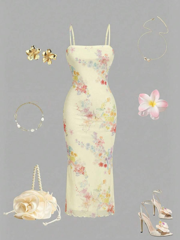 Vestido Largo Floral Ajustado Con Tirantes Finos