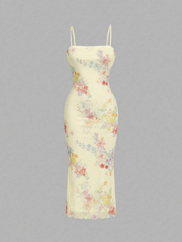 Vestido Largo Floral Ajustado Con Tirantes Finos