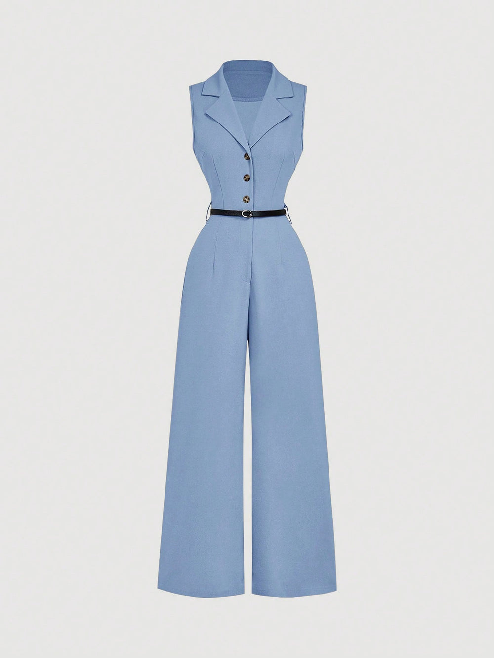 Mono Azul Elegante con solapa y cinturón en vista frontal.