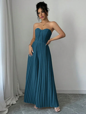 Enterizo elegante sin tirantes agua verde azul con plisado