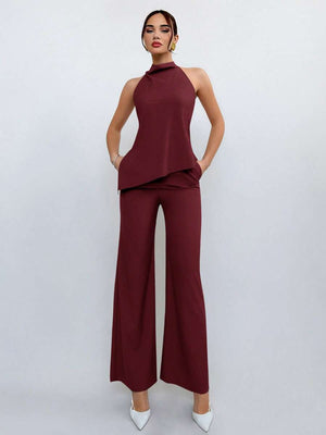 Conjunto Halter Elegante De Pantalón Y Top Asimétrico