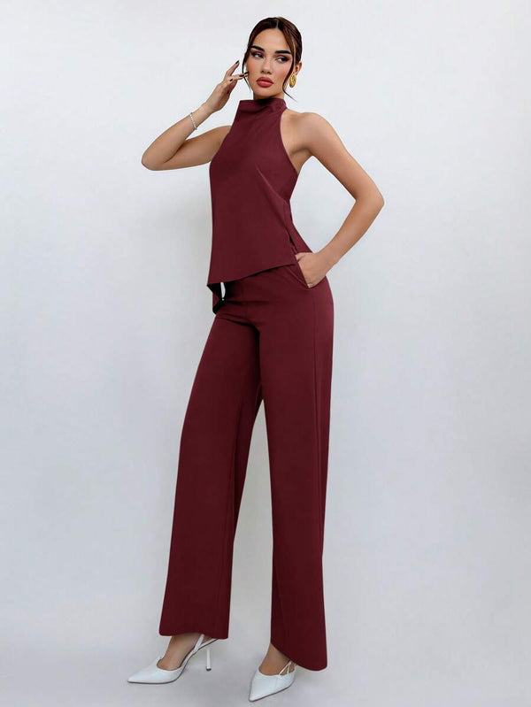 Conjunto Halter Elegante De Pantalón Y Top Asimétrico
