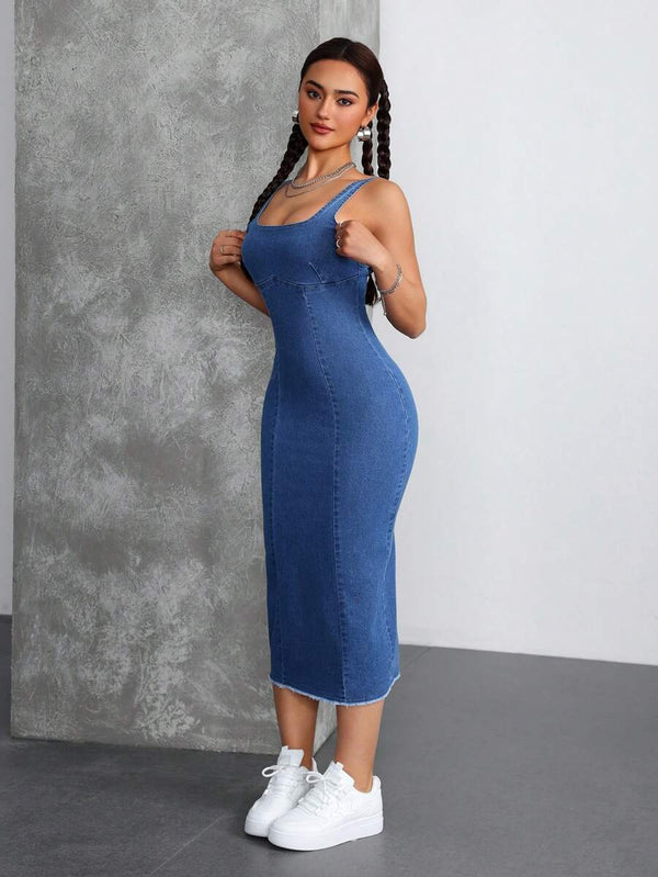 Vestido Midi De Mezclilla Ajustado Con Escote Cuadrado