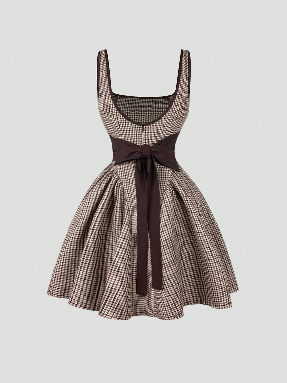 Imagen 1: Vista frontal estructurada del Vestido Corto A Cuadros Marrón con falda campana.