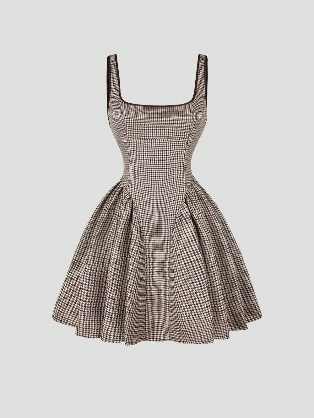 Imagen 1: Vista frontal estructurada del Vestido Corto A Cuadros Marrón con falda campana.